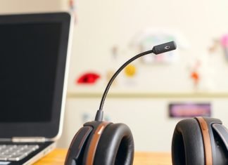 A headset sitting on a desk with a computer in an office representing a business exploring the best contact center software.